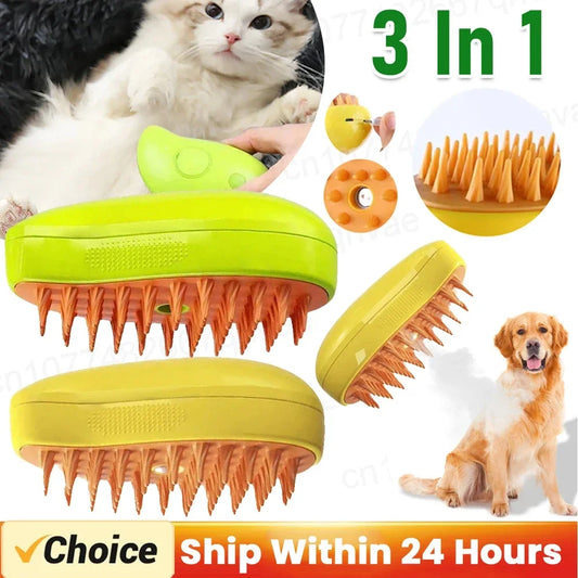 3-in-1 Steam Pet Brush – Hair Removal, Spray & Massage